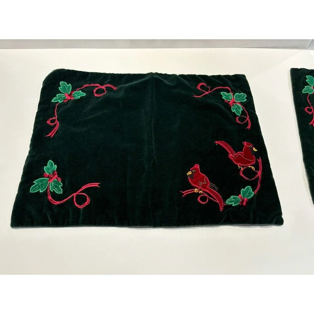Christmas Placemats Quilted Embroidered Velvet Cardinal Holly Set of 4 13x17